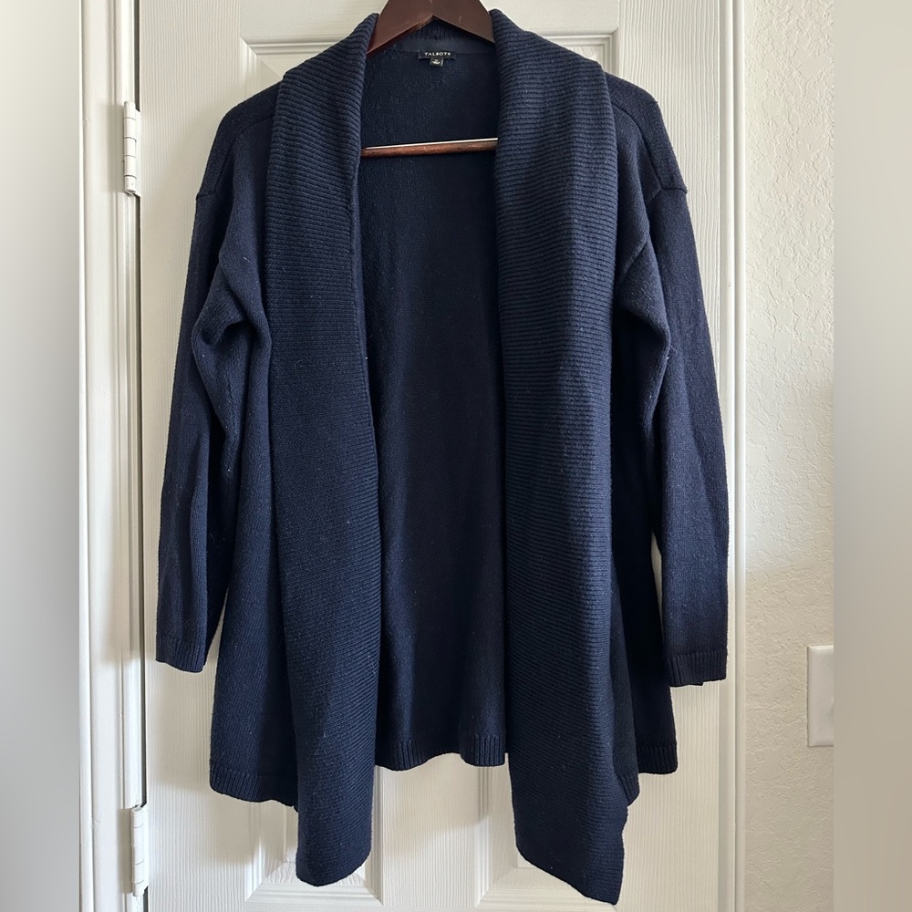 TALBOTS Women's Navy Open Front Shawl Collar Knit Cardigan Sweater, Size Medium